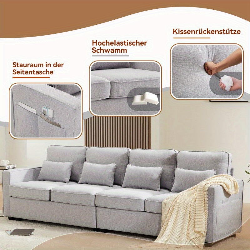4-Zits Bank – Linnenbank – Sofa – Hoekbank – Zitbank – Ruimtebesparend – Onderhoudsvriendelijk Linnen – Met Armleuningzakken en 4 Kussens
