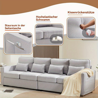 4-Zits Bank – Linnenbank – Sofa – Hoekbank – Zitbank – Ruimtebesparend – Onderhoudsvriendelijk Linnen – Met Armleuningzakken en 4 Kussens