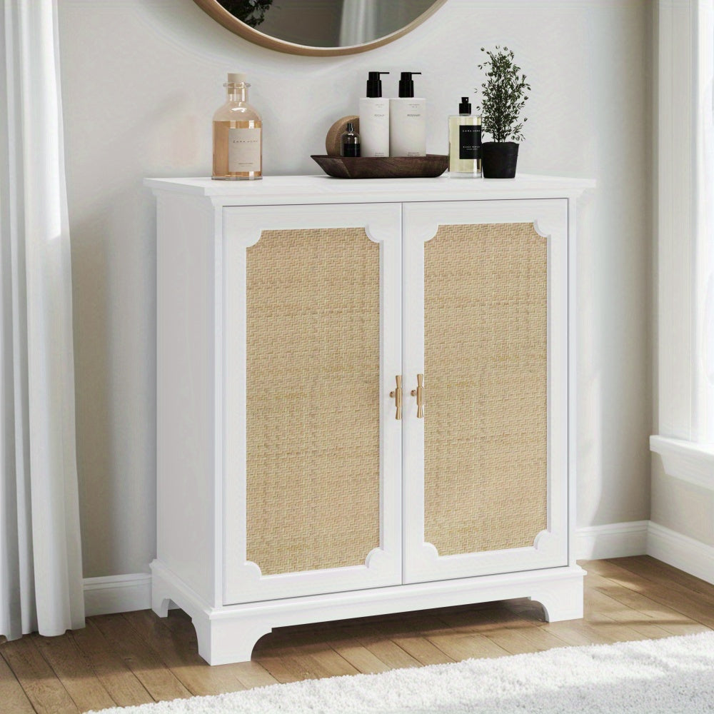 Dressoir – Sideboard – Buffetkast – Opbergkast – Wandkast – Wit Met Rattan Deuren – Duurzaam Zonder Hout – Gemakkelijk Te Monteren