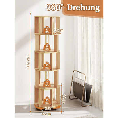 Boekenplank – Boekenrek – Wandplank – Boekenkast – Wandrek – 5 Laags Draaibaar – Massief Hout Met Achterpaneel