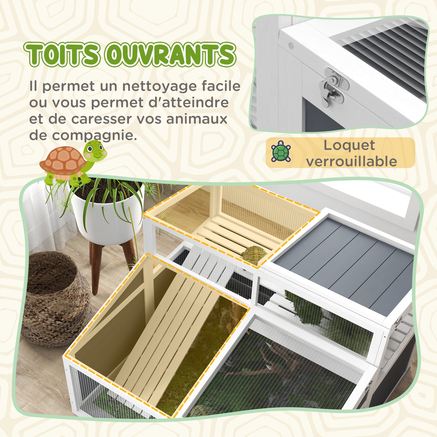 Turtle Huis – Schildpadden Verblijf – Terrarium – Buitenren – Houten Kweekverblijf – Dubbele Verdieping – 3 Deuren en Toegangsluis – 115x115x82 cm Grijs