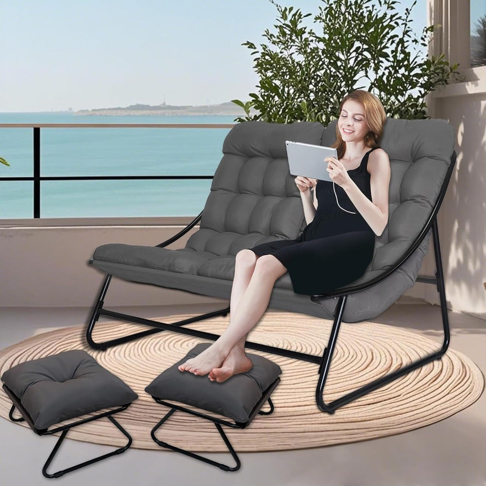 Relaxstoel dubbele relaxfauteuil – Schommelstoel – Loungestoel – Fauteuil – Ligstoel – Ergonomisch met armleuningen – Lichtgewicht en draagbaar – Grijs – Verstelbare rugleuning – Stevig metalen frame