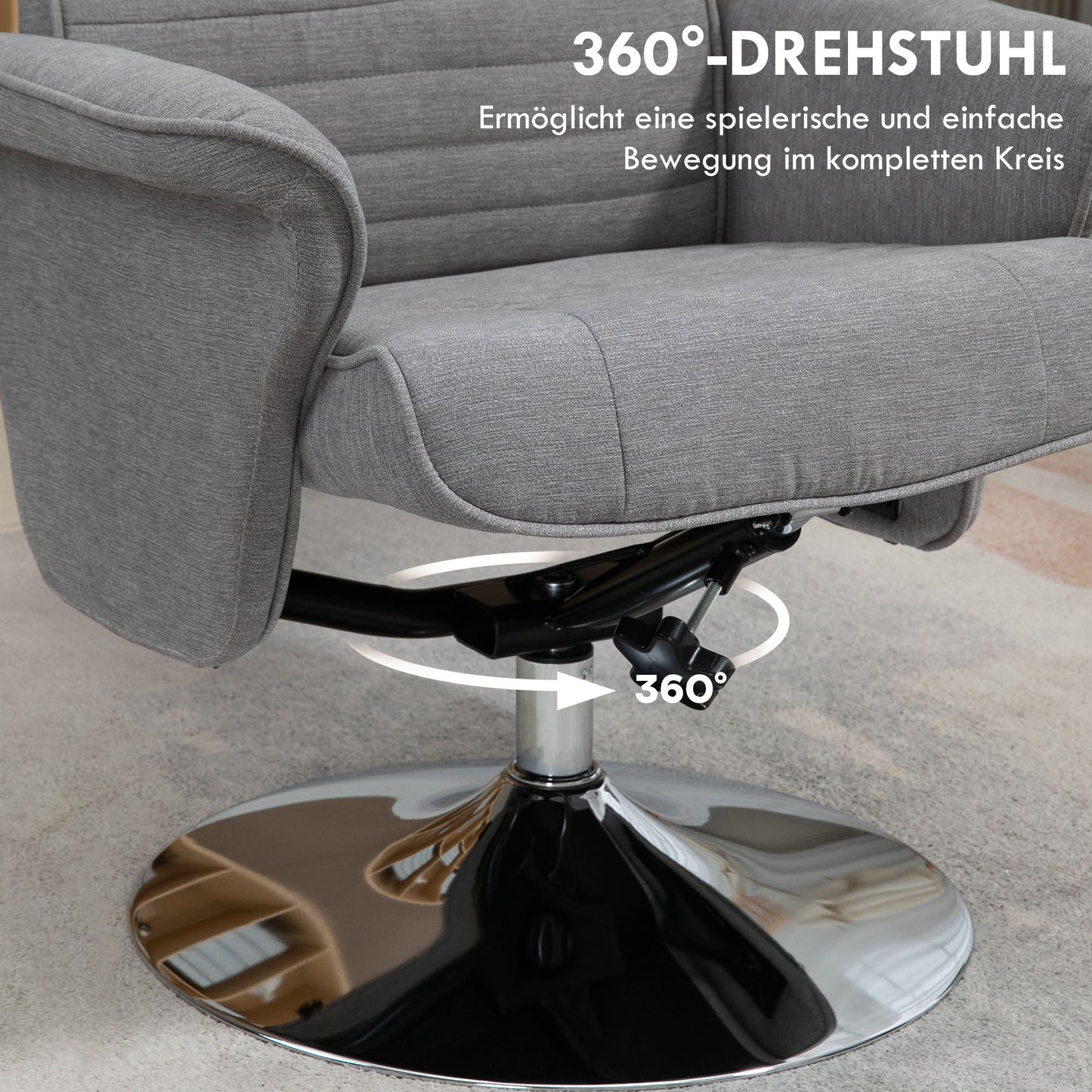 Relaxfauteuil – Relaxstoel – Draaifauteuil – Schommelstoel – Voetenbank – Draaibaar – Verstelbare Rugleuning – Grijs – Max. 150 kg – Compact Formaat 69x71x104 cm