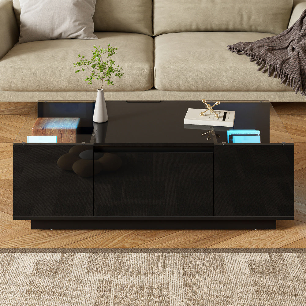 Salontafel – Koffietafel – Bijzettafel – Tafel – Woonkamertafel – Modern minimalistisch design – Glazen tafelblad met 2 lades – 105 cm – Metaalframe compacte salontafel