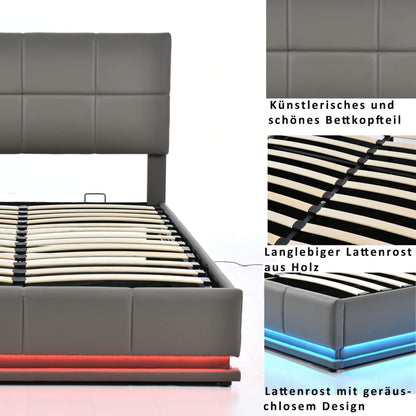 Gestoffeerd Tweepersoonsbed – Opbergbed – Boxspringbed – Led Bed – Slaapbank – Grijs – Met Hydraulische Lift – 16-kleuren LED-verlichting