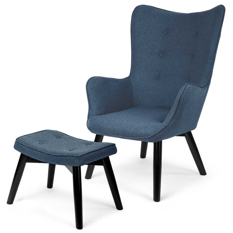 Fauteuil – Armstoel – Relaxstoel – Zetel – Sessel – Blauw Stof – Beukenhouten Poten – Inclusief Voetenbank