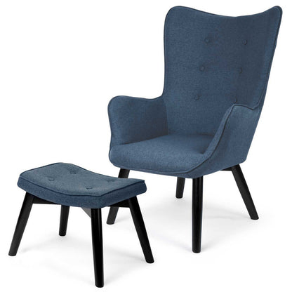 Fauteuil – Armstoel – Relaxstoel – Zetel – Sessel – Blauw Stof – Beukenhouten Poten – Inclusief Voetenbank