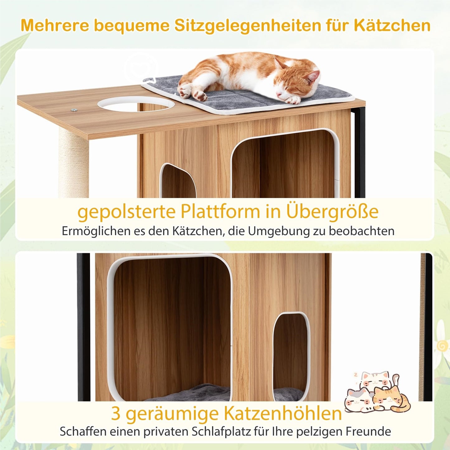 Kattenklimpaal – Krabpaal – Kattenhuis – Kattenmeubel – Klimmeubel – 3 Verdiepingen Met Krabvlak – Verwijderbare Kussens – Metaalframe – Natuurlijk