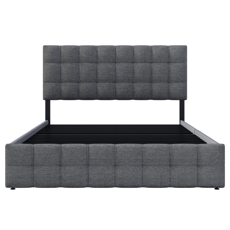 Bedkastenbed – Eenpersoonsbed – Opbergbed – Jeugdbed – Slaapbank – Met Vier Laden – Metalen Frame – Grijze Linnen Bekleding – 140x200 cm – Verstelbaar Hoofdbord