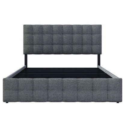 Bedkastenbed – Eenpersoonsbed – Opbergbed – Jeugdbed – Slaapbank – Met Vier Laden – Metalen Frame – Grijze Linnen Bekleding – 140x200 cm – Verstelbaar Hoofdbord
