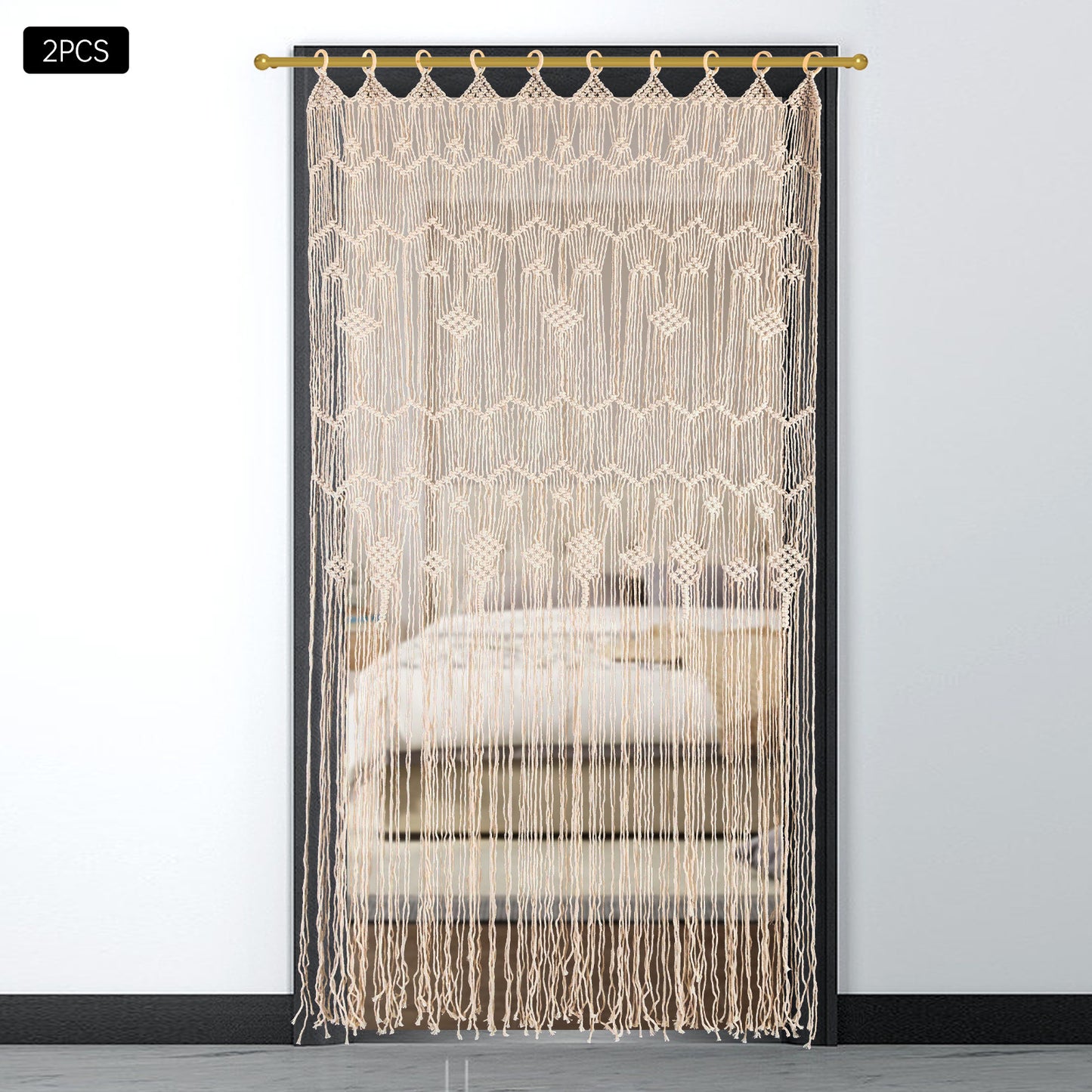 Macramé Gordijnen – Boho Gordijnen – Handgemaakte Gordijnen – Kamerscherm – Raamdecoratie – Beige / Naturel – Extra Lang 100x200 cm – Houten Ringen Voor Eenvoudig Ophangen