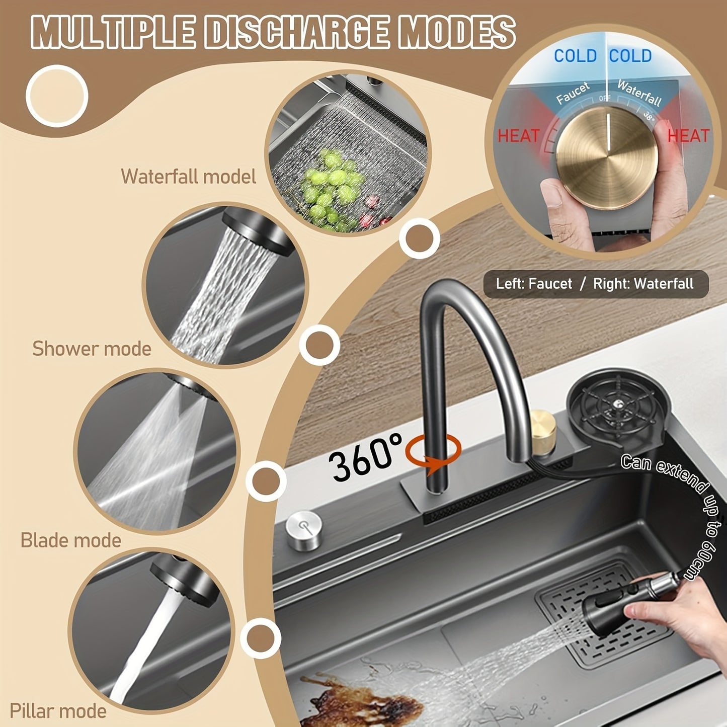Keukenspoelbak – Spoelbak – Gootsteen – Wasbak – Inbouwspoelbak – Waterfall Design – 59,94 x 45,72 cm – 304 RVS Met Uittrekbare Kraan