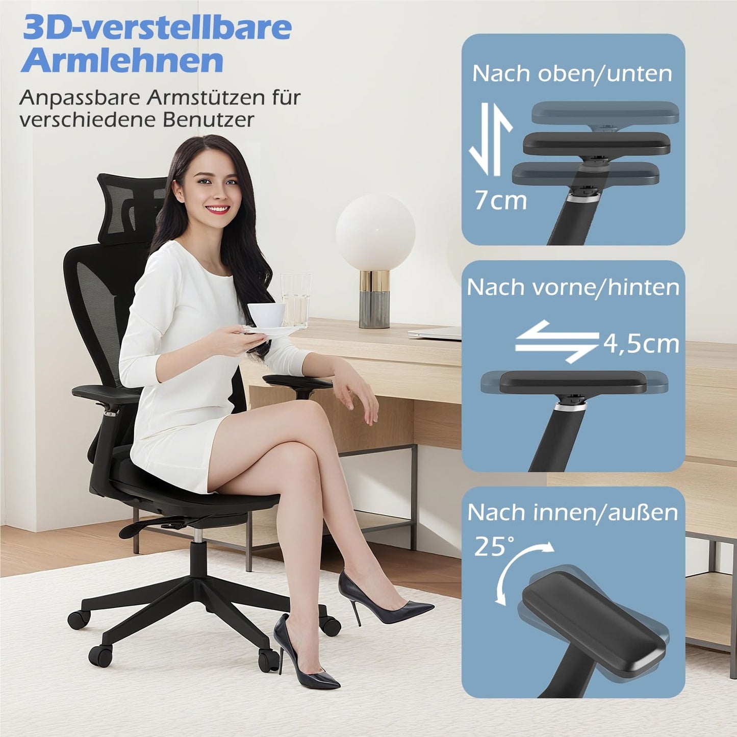 Ergonomische Bureaustoel – Bureaustoel – Office Chair – Werkstoel – Computestoel – Verstelbare Lendensteun – Verstelbare Hoofdsteun en 3D Armleuningen