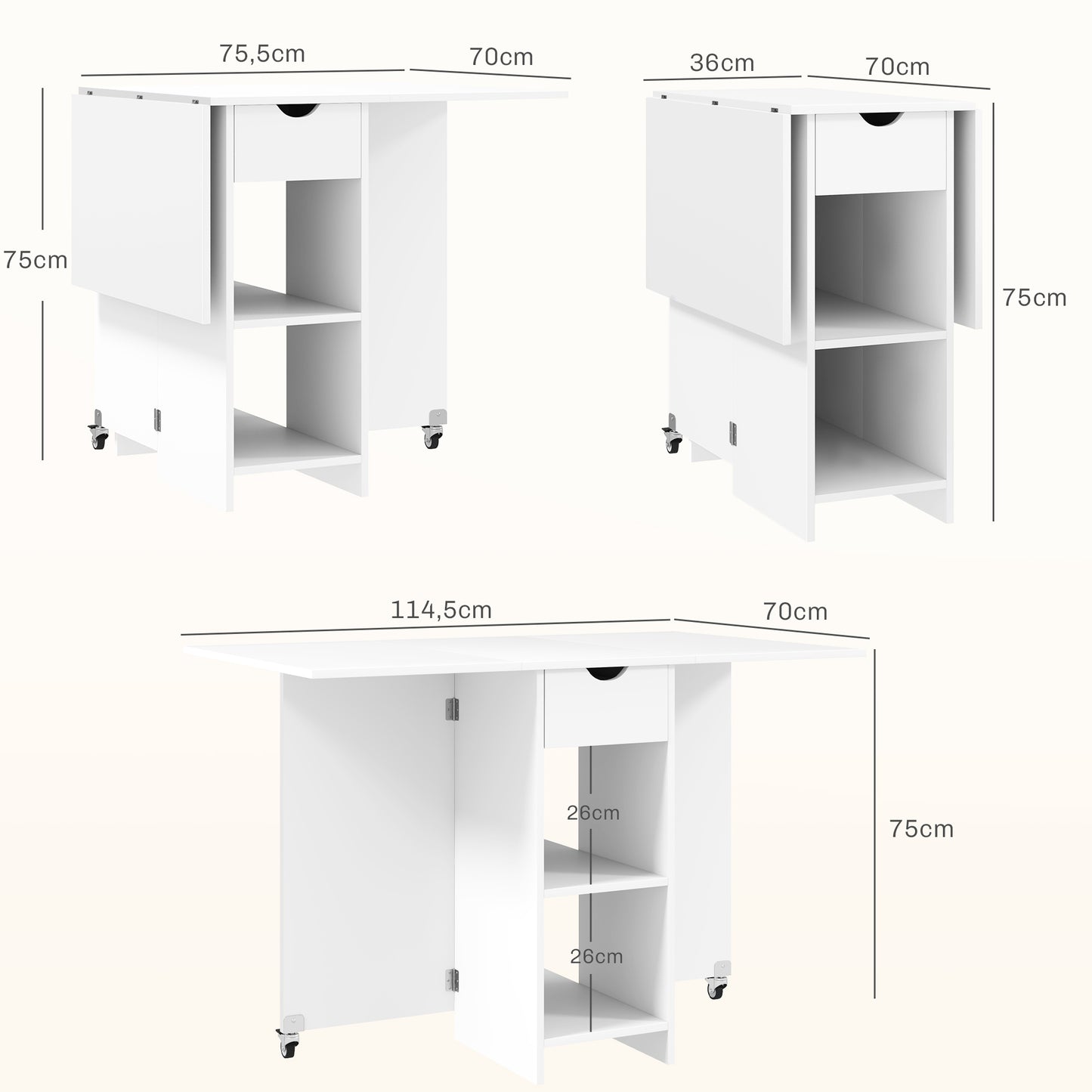 Opvouwbare Tafel – Klaptafel – Vouwtafel – Campingtafel – Eettafel – Inklapbaar – Met Lade & Open Vakken – Wit – 114,5x70x75 cm – Ruimtebesparend