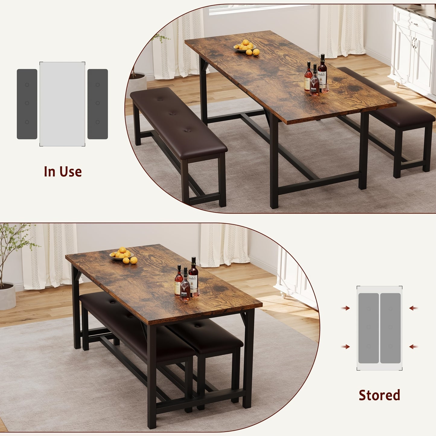 3pcs Large Extendable Dining Table Set for 4-6 People with 2 Upholstered Benches - Solid Retro Brown Kitchen Table, Space-Saving Expandable Design for Apartment, Family, Gatherings - Fits 4-6 Seaters