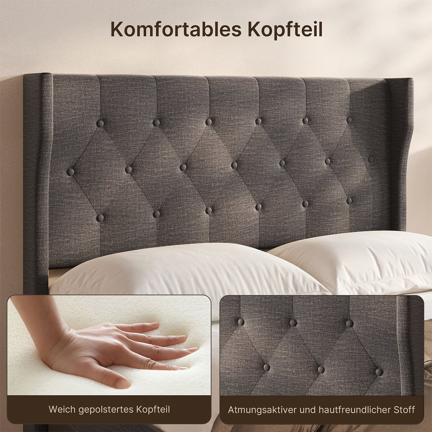 Bedframe 140x200 – Tweepersoonsbed – Slaapbank – Lattenbodem – Boxspring – Stille Lattenbodem – Opbergruimte 20 cm – Hout & Metaal – Modern Marmerprint Hoofdeinde