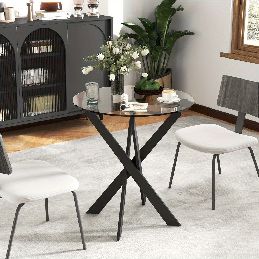 Eettafel – Ronde Tafel – Keukentafel – Diner tafel – Glas Tafel – 70x75 cm – Gehard Glas Blad – Zwart Metalen Poten