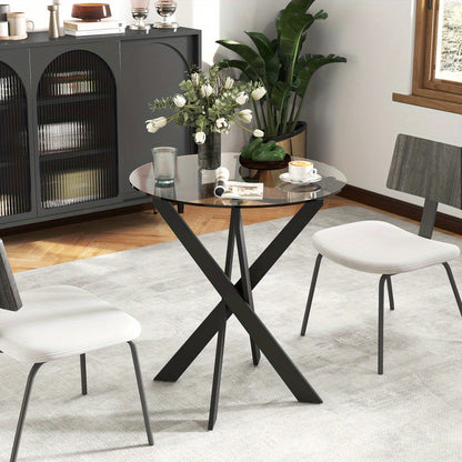 Eettafel – Ronde Tafel – Keukentafel – Diner tafel – Glas Tafel – 70x75 cm – Gehard Glas Blad – Zwart Metalen Poten