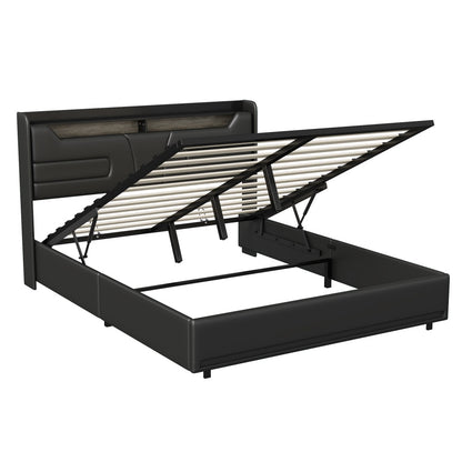 Tweepersoonsbed – Opbergbed – Bedframe – Ledikant – Bed met Laden – 160 x 200 cm – Gestoffeerd Hoofdbord – USB Type-C Oplaadpunt met LED-verlichting