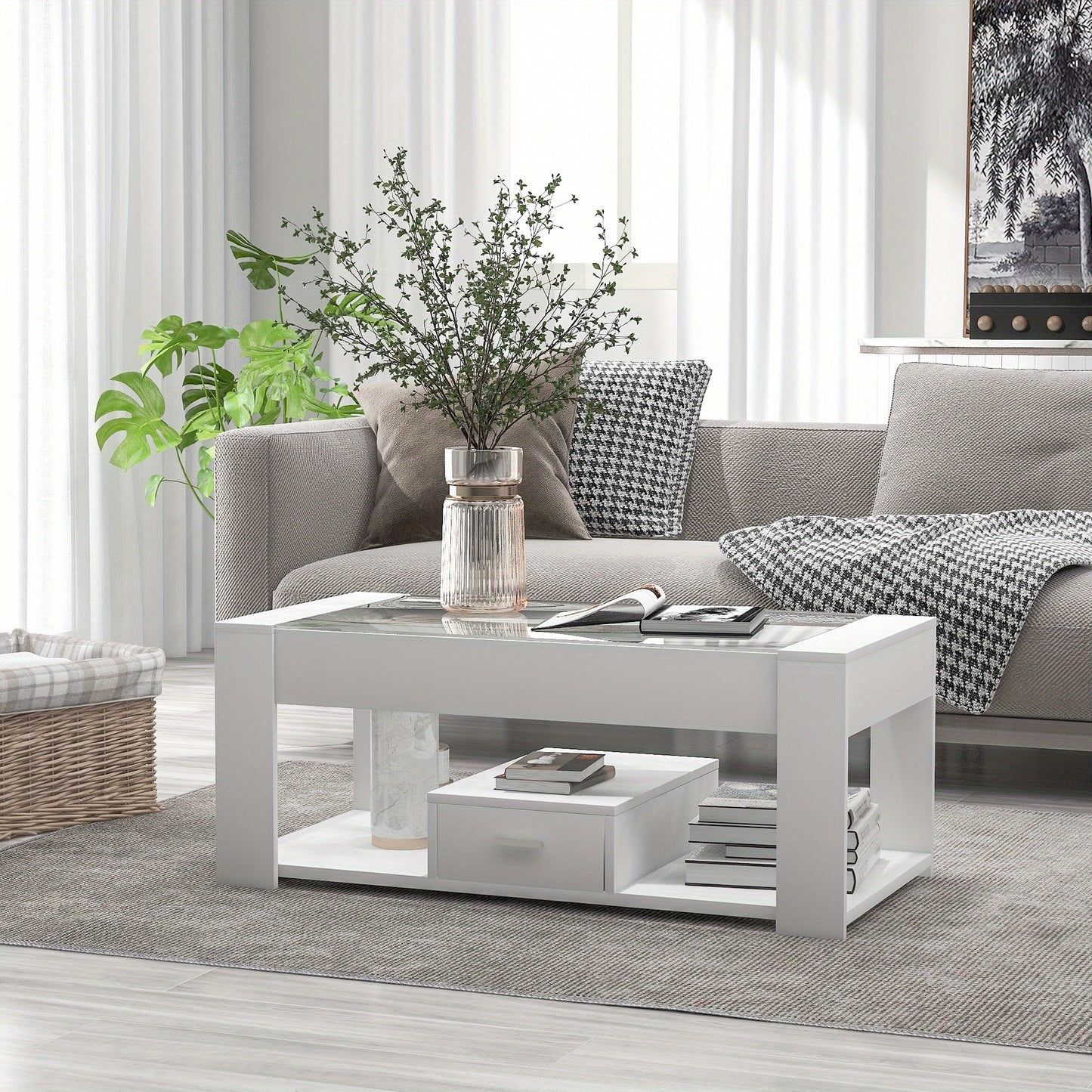 Salontafel – Tafel – Koffietafel – Woonkamertafel – Opbergtafel – Modern Wit Design – Glazen Blad Met Opbergruimte