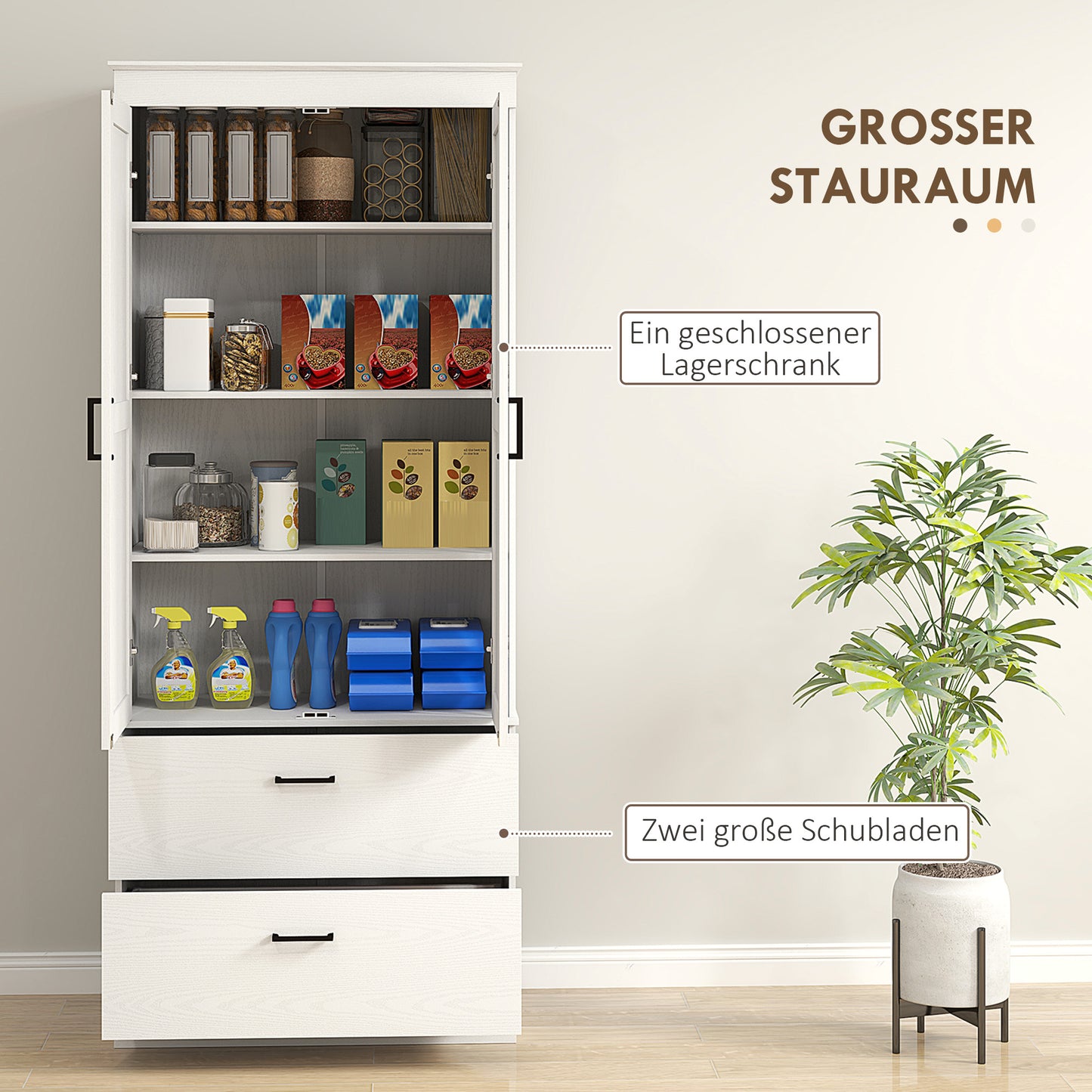 Keukenkast – Hoge Kast – Opbergkast – Buffetkast – Ladekast – Verstelbare Planken – Hout Crème Wit – 75x39x178 cm – Anti-Kantel Veilig