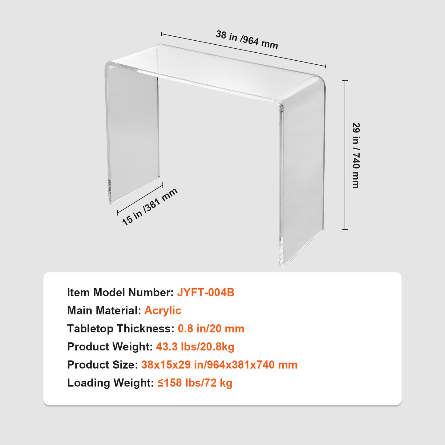 Acryl tafel – Bijzettafel – Consolle tafel – Sidetable – Einde tafel – Transparant ontwerp – Robuust acryl materiaal – Afmetingen 96x38x74 cm