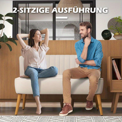 2-Zits Sofa – Tweezitsbank – Compacte Bank – Loveseat – Kleine Bank – Dik Schuimvulling – Stevige Houten Poten – Wit Bruin – 117x56,5x77 cm – Makkelijk Montage
