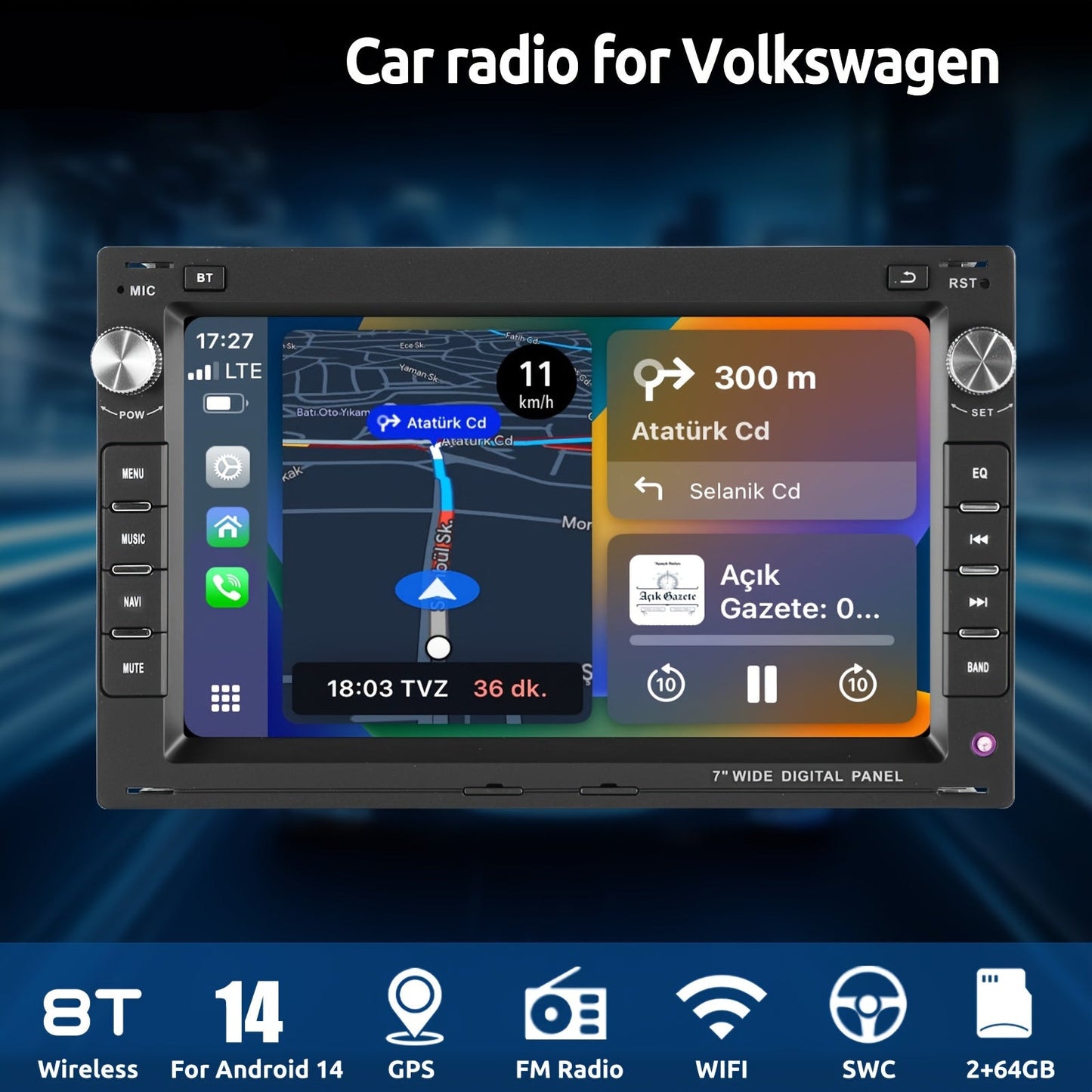 Autoradio – Car Stereo – Auto Muziekspeler – Multimedia Systeem – 7 Inch HD Touchscreen – Android 14 OS – 2 GB RAM 64 GB Opslag
