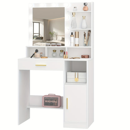 Make-uptafel – Kaptafel – Schminktafel – Dressoir – Vanity – Wit – Met Spiegel en 10 LED Lampjes – 3 Verstelbare Helderniveaus – Veel Opbergruimte met Lade en Kastje
