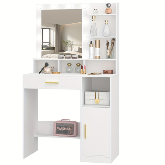 Make-uptafel – Kaptafel – Schminktafel – Dressoir – Vanity – Wit – Met Spiegel en 10 LED Lampjes – 3 Verstelbare Helderniveaus – Veel Opbergruimte met Lade en Kastje