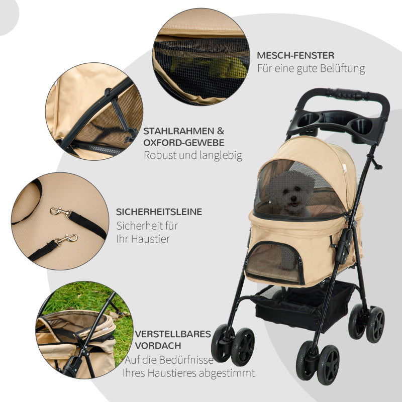 Dierenwagen – Huisdierenwagen – Huisdierbuggy – Hondenwagen – Kattenwagen – Khaki – Stevig IJzeren Frame – 360° Draaibare Voorwielen Met Remmen