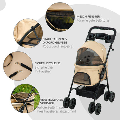 Dierenwagen – Huisdierenwagen – Huisdierbuggy – Hondenwagen – Kattenwagen – Khaki – Stevig IJzeren Frame – 360° Draaibare Voorwielen Met Remmen