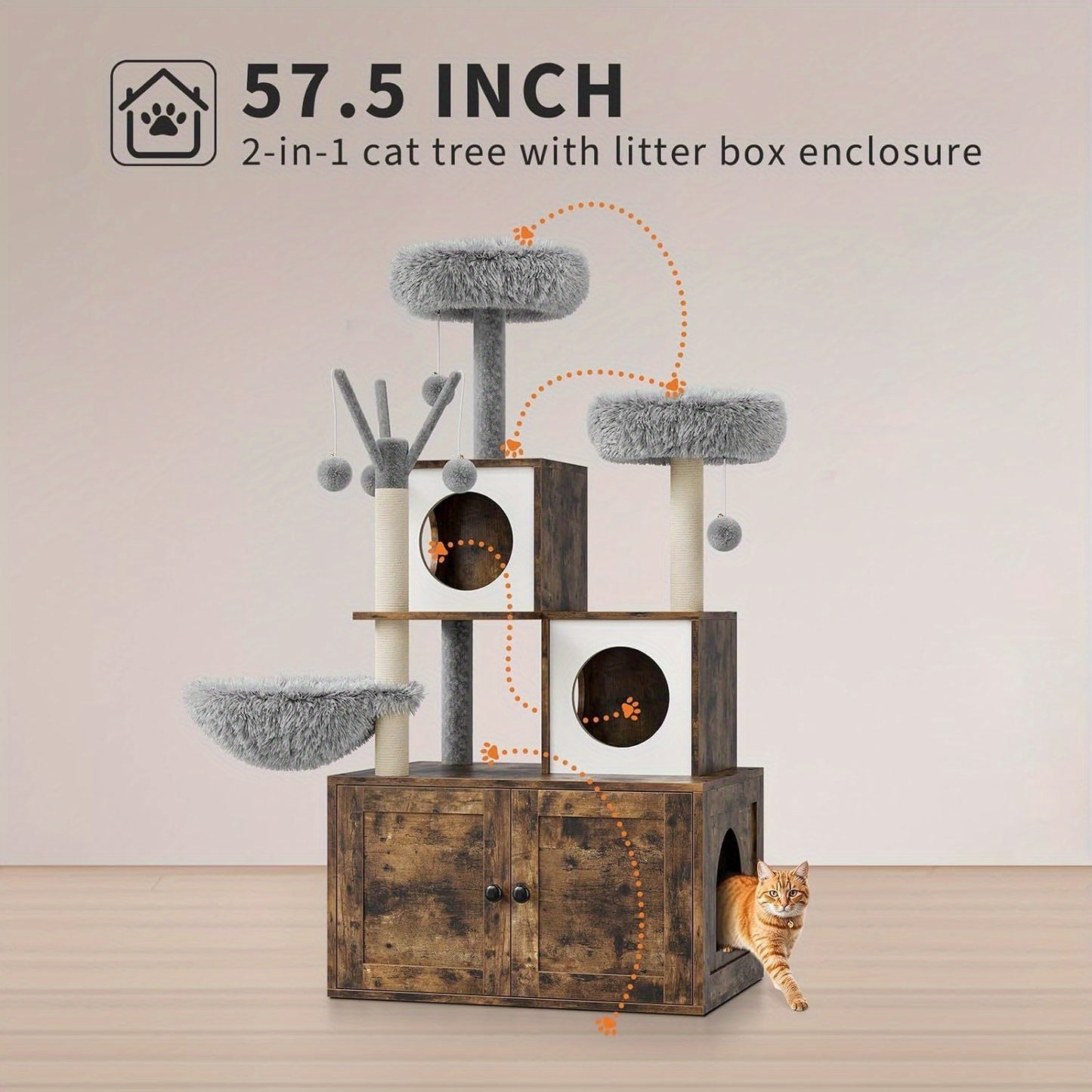 Kattenboom – Krabpaal – Kattenmeubel – Kattenhuis – Kattenkast – Verborgen Kattenbak – Duurzame Sisal Krabpaal – Ruimtebesparend Bruin-Wit Design