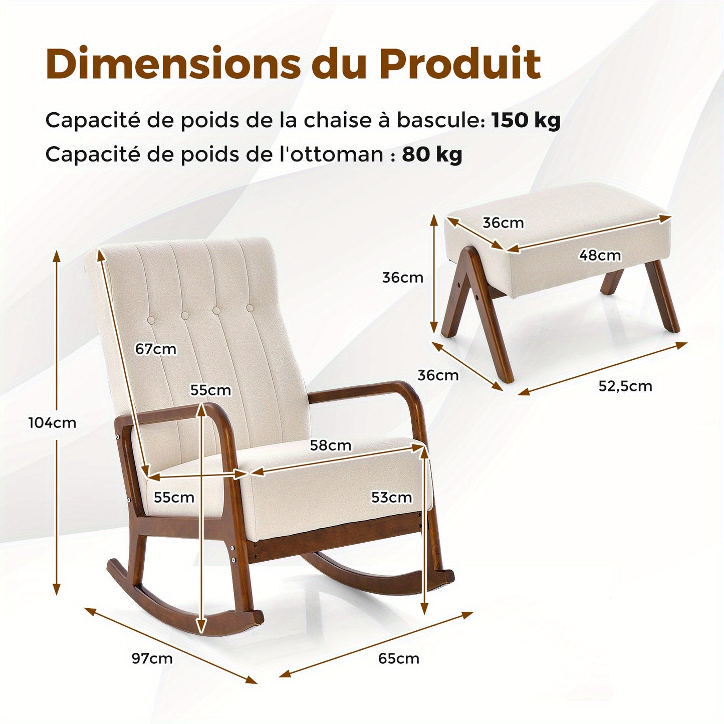 Schommelstoel Met Hocker – Rocking Chair – Relaxstoel – Lounge Stoel – Stoel Met Voetensteun – Wit Katoen Linnen – Ergomisch Design – Houten Frame