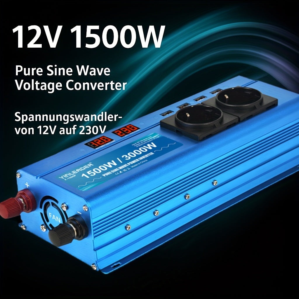 Zuivere Sinusomvormer 12V naar 230V – Power Inverter – Spanningsomvormer – Stroomomvormer – Camping Stroomvoorziening – 300W Continu, 600W Piekvermogen – 2 EU Stopcontacten & 4 USB Poorten – Actieve Koeling – Blauw