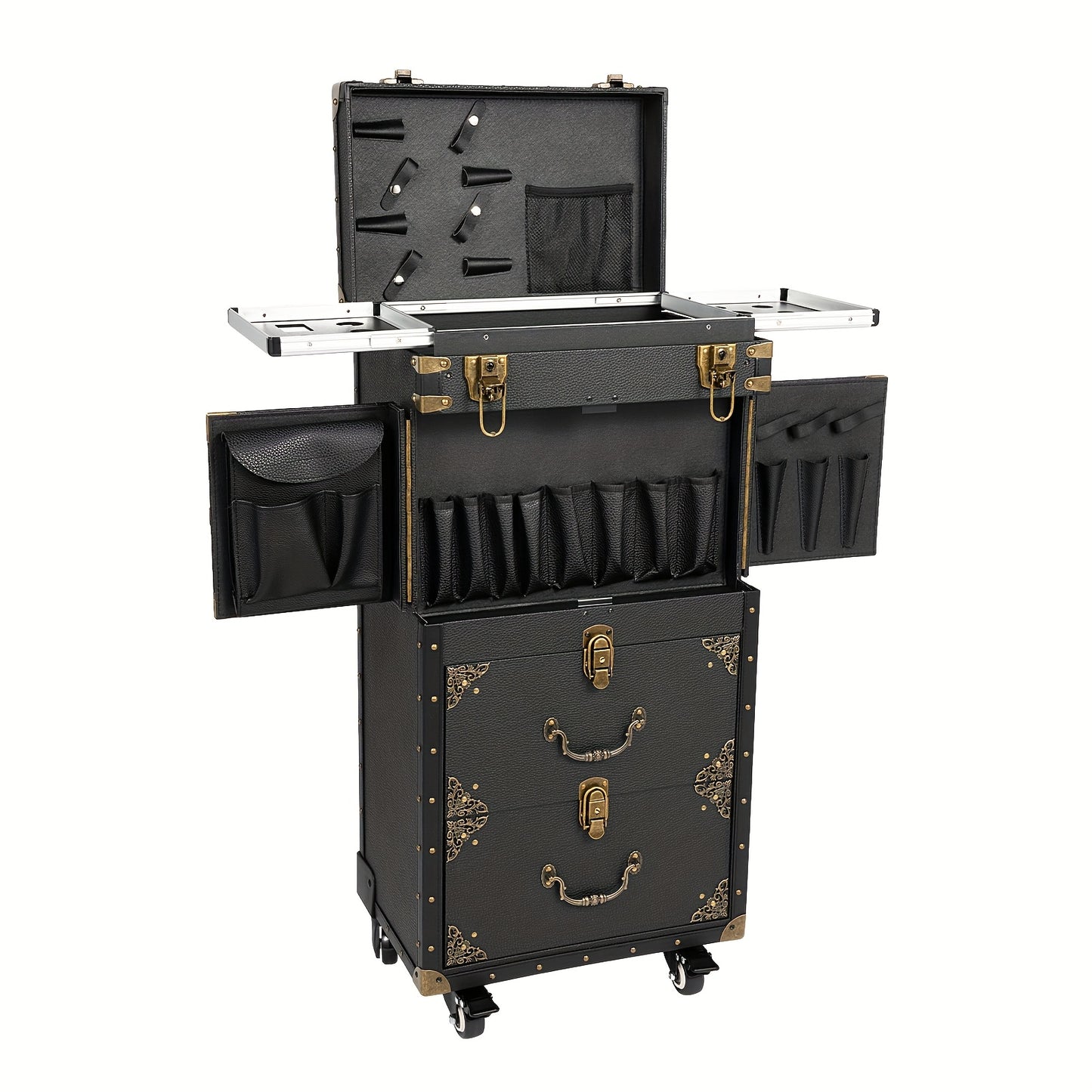 Koffer – Reiskoffer – Trolley – Handbagage – Salonkoffer – Grote Opbergruimte – PU-leer & Hout – 39x25,5x82 cm – Met Wieltjes en Slot