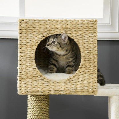 Scratching Post with Cat House, Sisal Scratching Columns, Washable Cushions, 100.5H x 57L x 37B cm, White/ Natural, Feline Enrichment, Pet Scratching Post, Stylish Cat Tree, Minimalist Design, Sturdy Frame, Sisal Rope Constru