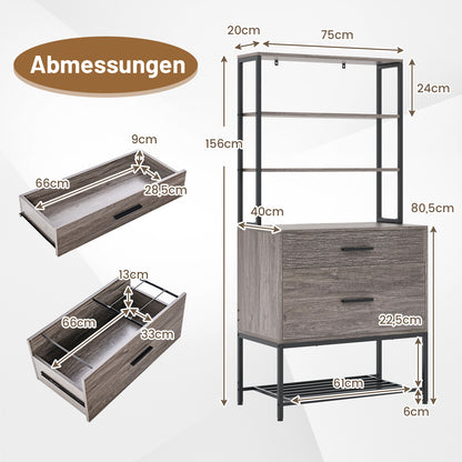 Kantoorkast – Archiefkast – Opbergkast – Boekenkast – Vakkenkast – Industrieel Design – 3 Open Planken & 2 Lades – MDF Met Metaal – 75x40x156 cm – Grijs