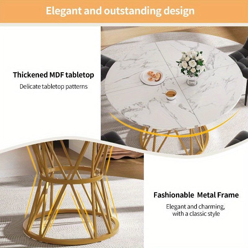 Modern Round Dining Table with Marble Look Top & Golden Metal Legs - White & Golden Marble Pattern Kitchen Table, Space-Saving 100cm Round Table for Small Spaces, Sturdy MDF-Free Metal Base, Easy-Clean Surface, Classic Contem