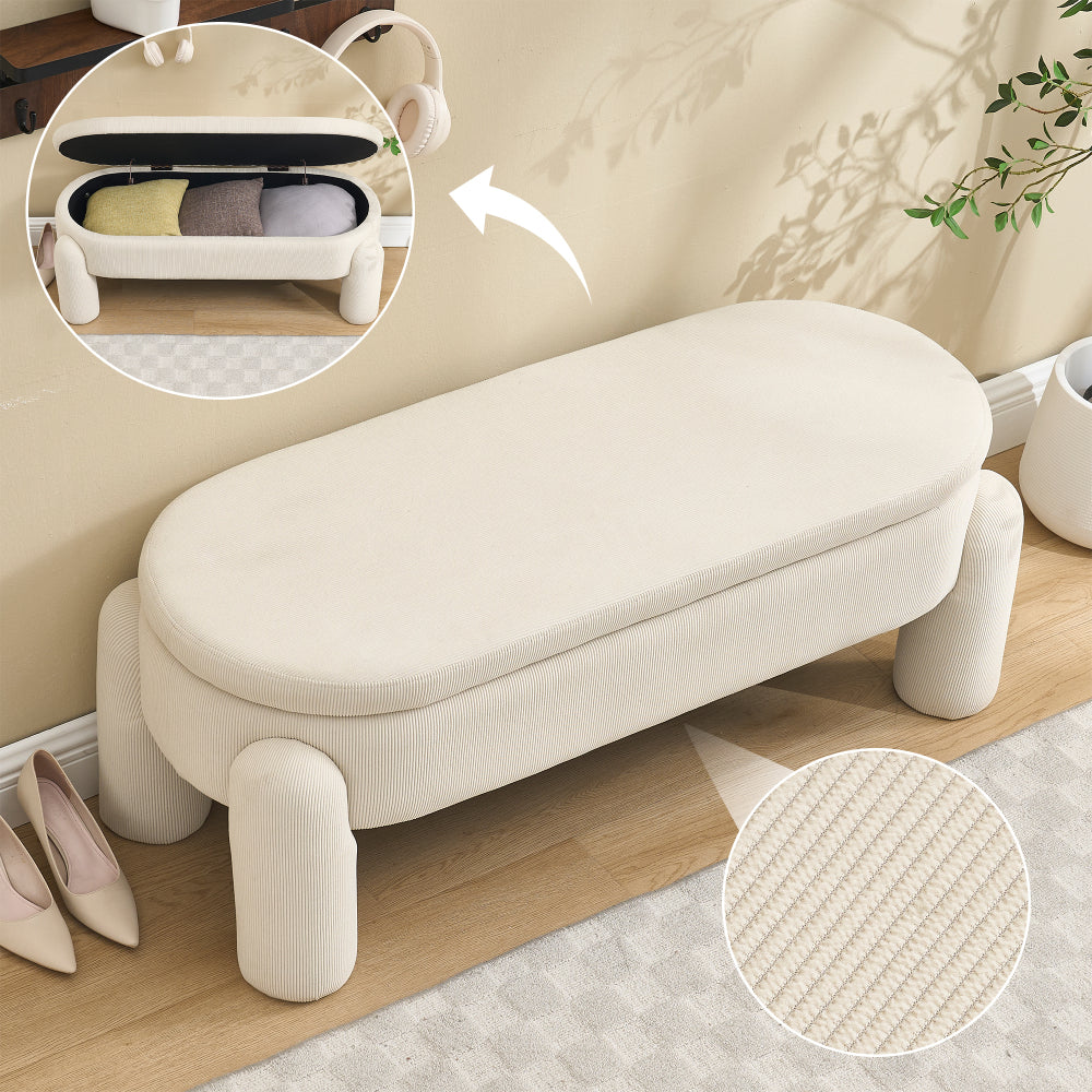 Opbergbank – Zitbank – Opbergbox – Halbank – Poef – Ruime opbergruimte – Hoogwaardig chenille stof – Massief houten frame – Anti-slip – Beige