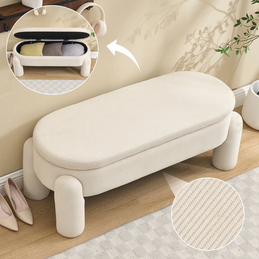 Opbergbank – Zitbank – Opbergbox – Halbank – Poef – Ruime opbergruimte – Hoogwaardig chenille stof – Massief houten frame – Anti-slip – Beige