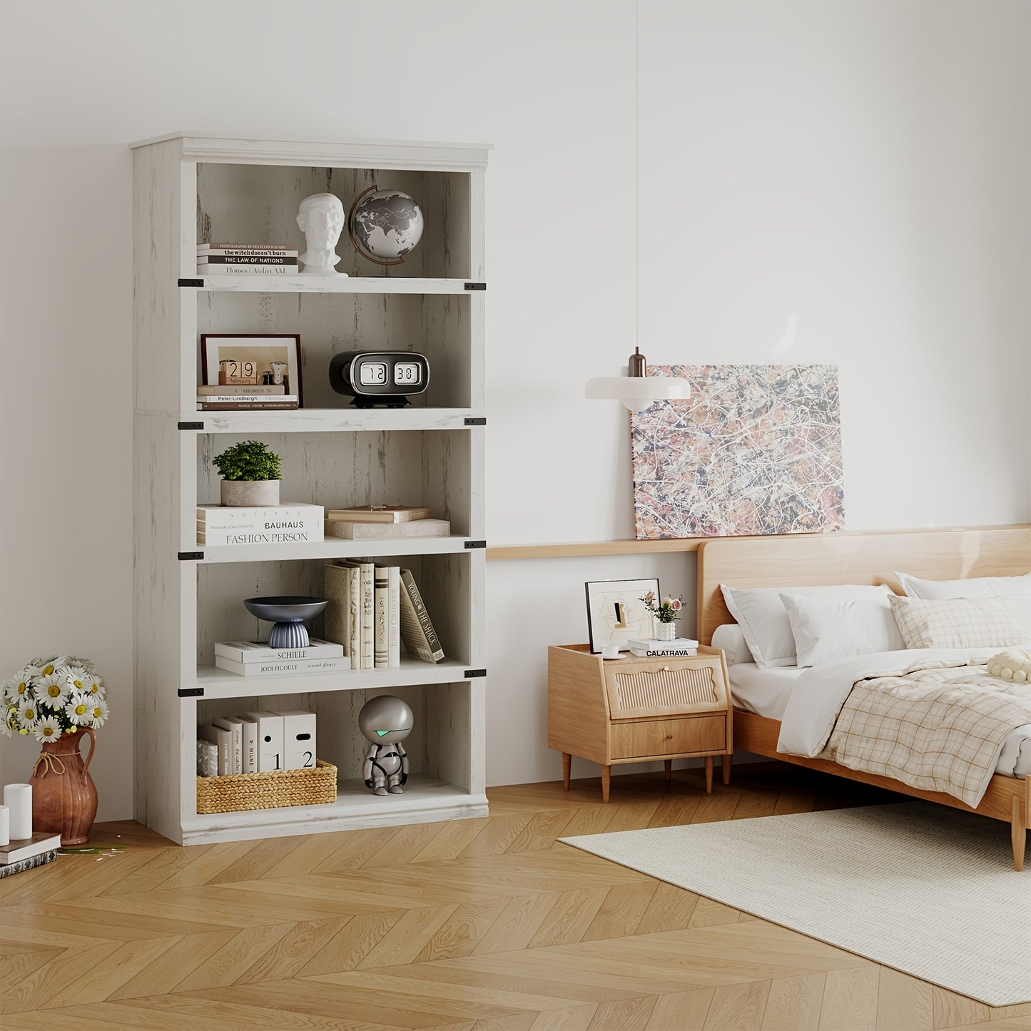 TACKVIEW Retro Style Bookcase - 800x320x171, 5.08 cm Antique White/Black Wooden Shelf with 6 Shelves, 2 Drawers & 2 Open Shelves, Freestanding Vertical Storage for Living Room, Bedroom, Office - Easy Assembly, Durable MDF & W