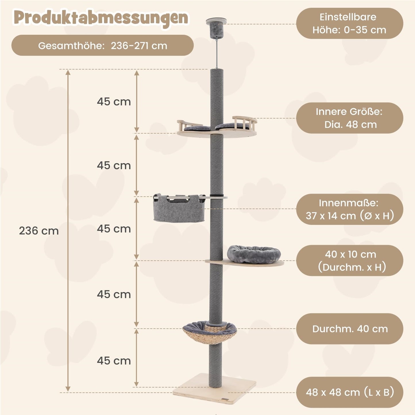 Krabpaal – Krabmeubel – Kattenpaal – Krabton – Klimpaal – Verstelbaar 236-271 cm – Vloer tot Plafond Design – 5 Niveaus Met Hangmat & Mandje – Natuurlijk Multiplex – Ruimtebesparend Grijs Natura