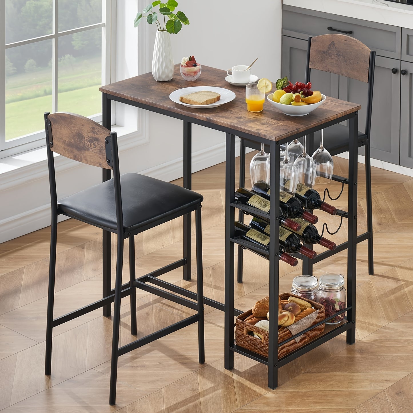Eettafelset 2 Personen – Bartafelset – Barstoel Set – Bistroset – Bistro Tafelset – Vintage Design – Inclusief Wijnrek en Opbergplank – Compacte Afmeting 119 cm – Stoelen Met Voetsteunen en PU Leder