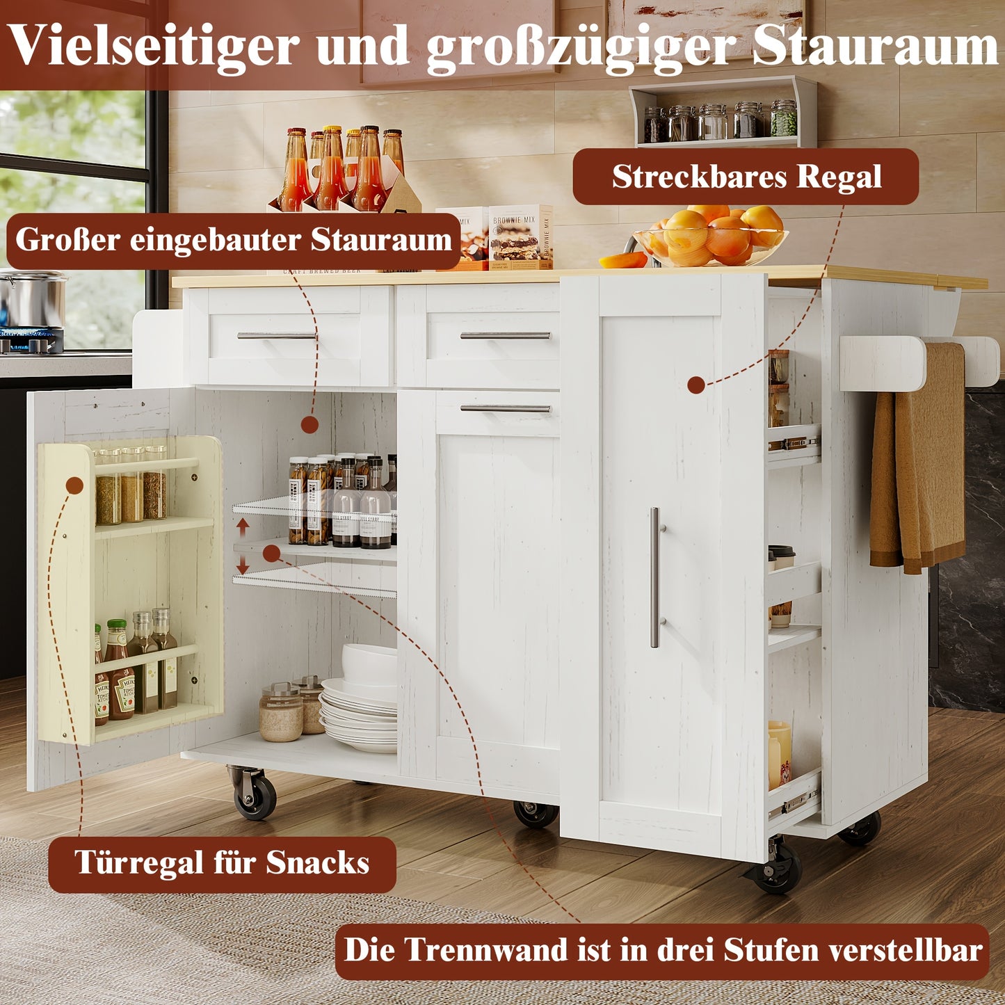 Keukeneiland – Keukenwagen – Kookeiland – Mobiele keukenkar – Werkblad op wielen – Zwenkwielen en Uitklapbare Kasten – Hardhouten, Duurzaam Design – Wit Afgelakt