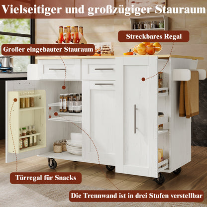Keukeneiland – Keukenwagen – Kookeiland – Mobiele keukenkar – Werkblad op wielen – Zwenkwielen en Uitklapbare Kasten – Hardhouten, Duurzaam Design – Wit Afgelakt