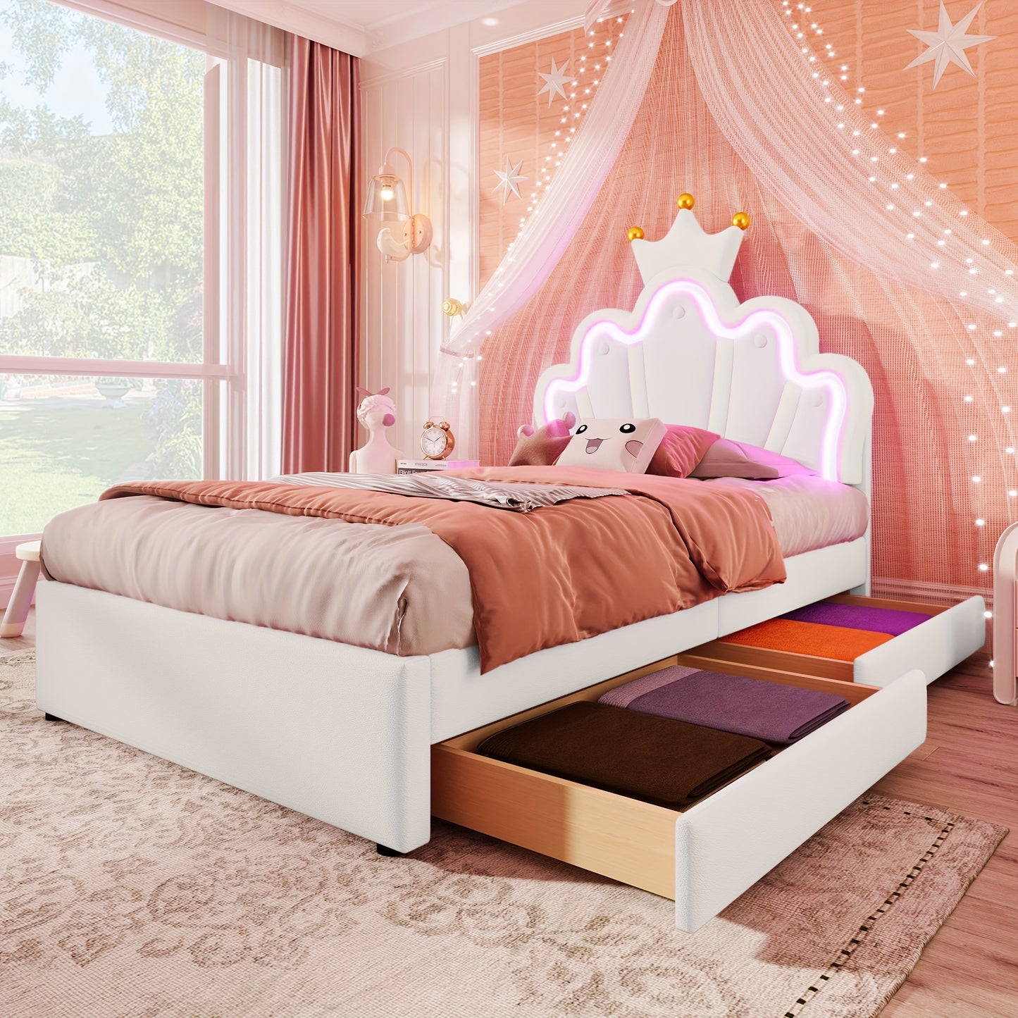 Upholstered Bed, 90 X 200 Cm, Without Mattress Crowned Princess Bed, Adjustable Headboard, White