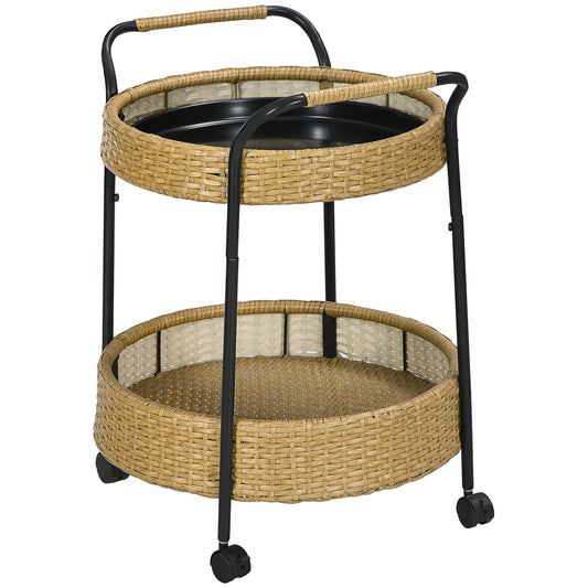Serveerwagen – Trolley – Bakkerskar – Barwagen – Buitenwagen – Geel – 2 Lagen Met Remmen – Weerbestendig Poly Rattan & Metalen Frame – Φ50 x 66 cm