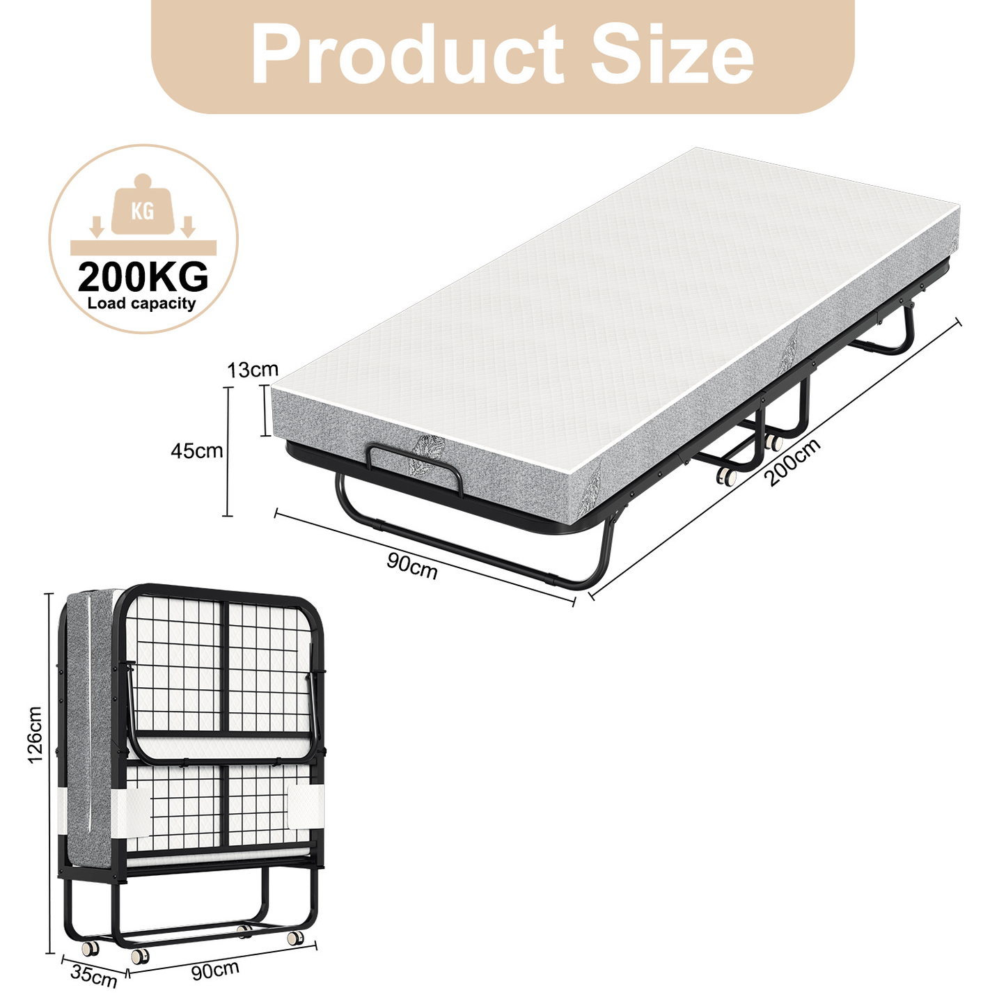 Opvouwbaar Bed – Logeerbed – Vouwbed – Gastbed – Klapbed – Met 13 Cm Dikke Matras – Carbonstalen Frame Met Wieltjes 90x200 Cm