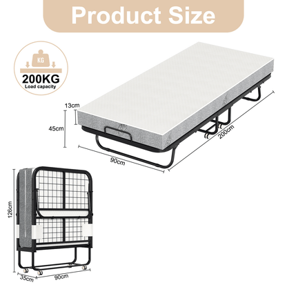 Opvouwbaar Bed – Logeerbed – Vouwbed – Gastbed – Klapbed – Met 13 Cm Dikke Matras – Carbonstalen Frame Met Wieltjes 90x200 Cm